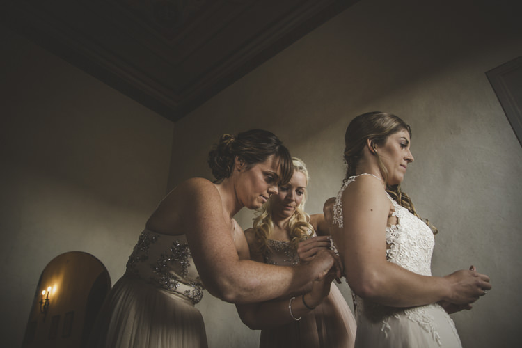 Bride Lace Tulle Stella York Bridal Gown Bridesmaids Dusty Pink Neutral Mismatched Dresses Romantic Intimate Tuscany Destination Wedding http://angelicabraccini.com/