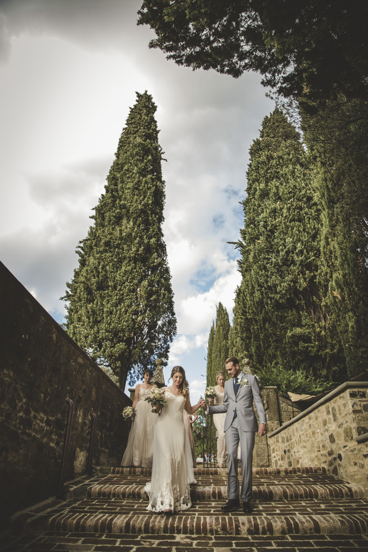 Bride Lace Tulle Stella York Bridal Gown Groom Light Blue Suit White Shirt Textured Blue Tie Bridesmaids Dusty Pink Neutral Dresses Romantic Intimate Tuscany Destination Wedding http://angelicabraccini.com/