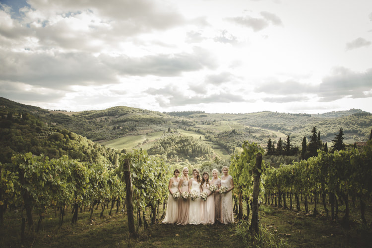 Bride Lace Tulle Stella York Bridal Gown Bridesmaids Dusty Pink Neutral Mismatched Dresses Vineyard Romantic Intimate Tuscany Destination Wedding http://angelicabraccini.com/