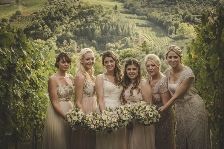 Bride Lace Tulle Stella York Bridal Gown Bridesmaids Mismatched Neutral Light Pink Dresses Bouquets White Pink Roses Romantic Intimate Tuscany Destination Wedding http://angelicabraccini.com/