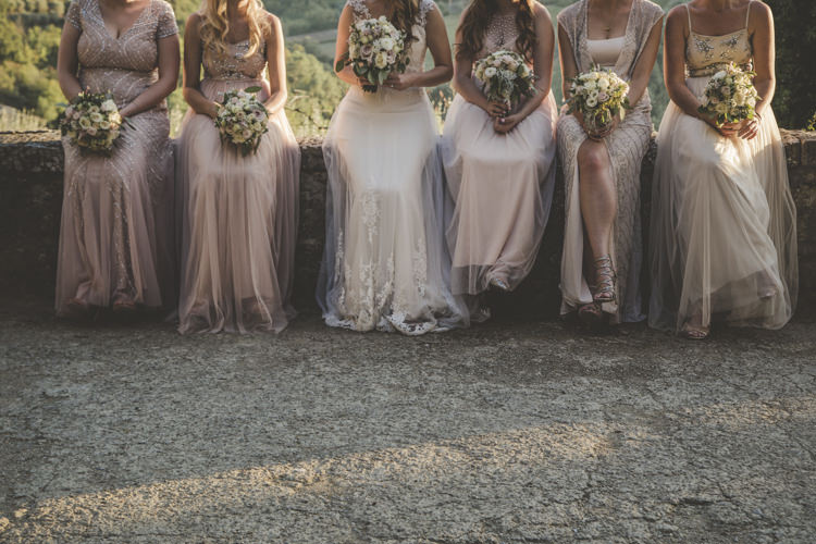Bride Lace Tulle Stella York Bridal Gown Bridesmaids Dusty Pink Neutral Mismatched Dresses Bouquets White Pink Roses Romantic Intimate Tuscany Destination Wedding http://angelicabraccini.com/