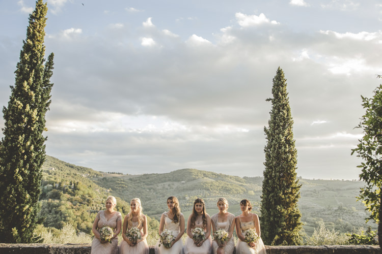 Bride Lace Tulle Stella York Bridal Gown Bridesmaids Dusty Pink Neutral Mismatched Dresses Bouquets White Pink Roses Romantic Intimate Tuscany Destination Wedding http://angelicabraccini.com/