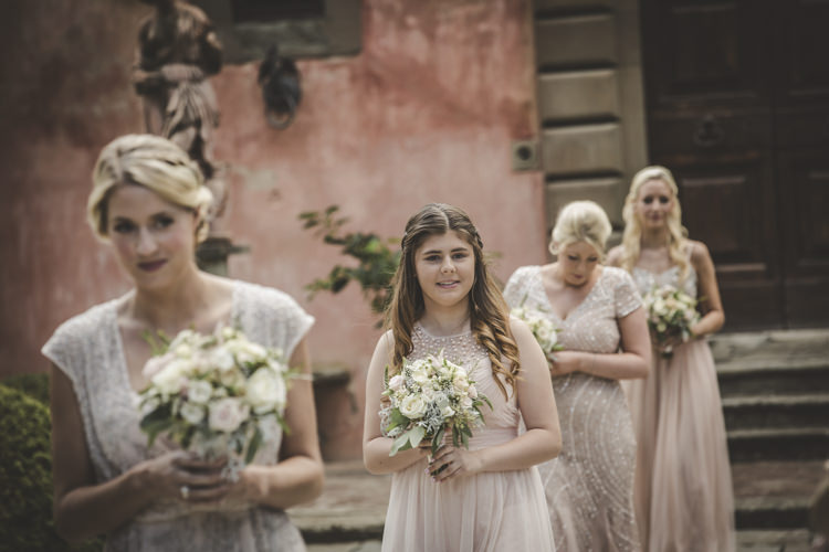 Outdoor Ceremony Bridesmaids Dusty Pink Neutral Mismatched Dresses Bouquet Roses Historic Pink Villa Romantic Intimate Tuscany Destination Wedding http://angelicabraccini.com/