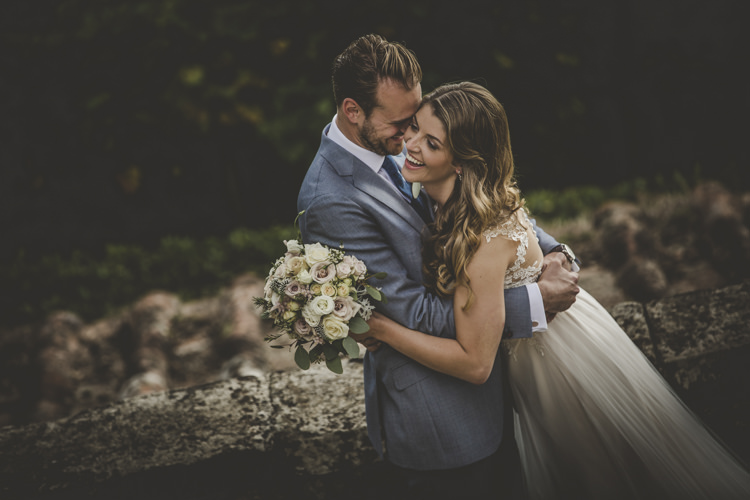 Bride Lace Tulle Stella York Bridal Gown Bouquet White Pink Roses Groom Light Blue Suit White Shirt Textured Blue Tie Rose Buttonhole Romantic Intimate Tuscany Destination Wedding http://angelicabraccini.com/