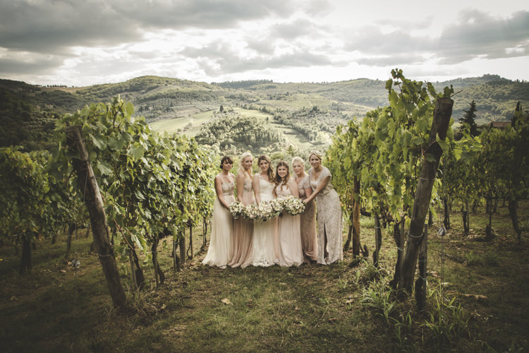 Bride Lace Tulle Stella York Bridal Gown Bridesmaids Dusty Pink Neutral Mismatched Dresses Bouquets White Pink Roses Vineyard Romantic Intimate Tuscany Destination Wedding http://angelicabraccini.com/