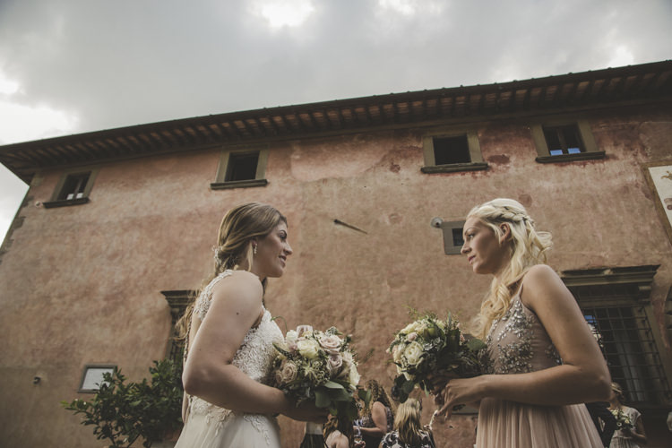 Bride Lace Tulle Stella York Bridal Gown Bouquet White Pink Roses Bridesmaid Dusty Pink Dress Historic Pink Villa Romantic Intimate Tuscany Destination Wedding http://angelicabraccini.com/