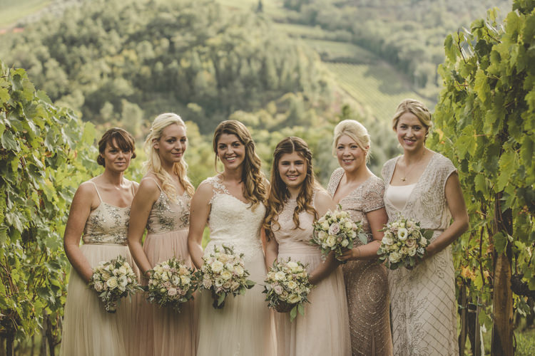 Bride Lace Tulle Stella York Bridal Gown Bridesmaids Dusty Pink Neutral Mismatched Dresses Bouquets White Pink Roses Vineyard Romantic Intimate Tuscany Destination Wedding http://angelicabraccini.com/