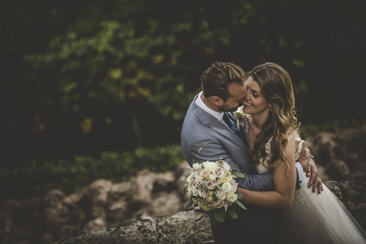Bride Lace Tulle Stella York Bridal Gown Bouquet White Pink Roses Groom Light Blue Suit White Shirt Textured Blue Tie Rose Buttonhole Romantic Intimate Tuscany Destination Wedding http://angelicabraccini.com/