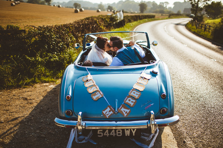 Just Married Vintage Car Convertable Powder Blue Country Rustic Charm Wedding https://photography34.co.uk/