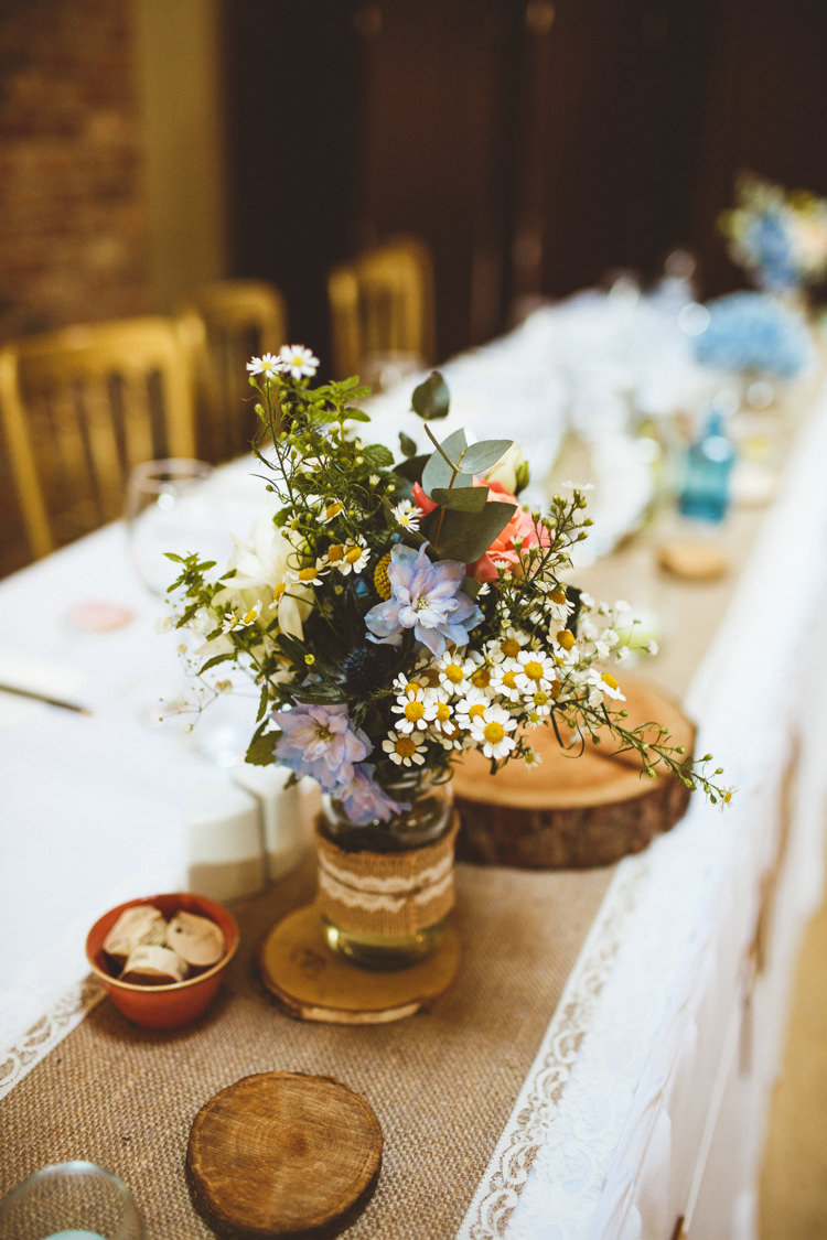 Hessian Table Decor Centrepiece Log Stand Jar Flowers Lace Powder Blue Country Rustic Charm Wedding https://photography34.co.uk/