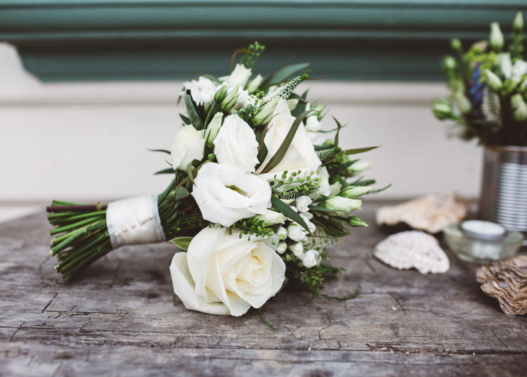 White Rose Bouquet Flowers Bride Bridal Greenery Foliage Low Key Pastel Seaside Wedding http://holliecarlinphotography.com/