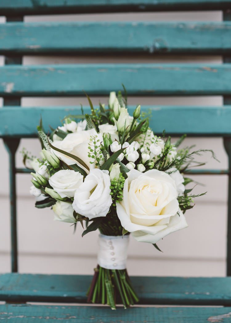 White Rose Bouquet Flowers Bride Bridal Greenery Foliage Low Key Pastel Seaside Wedding http://holliecarlinphotography.com/