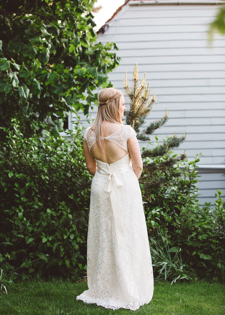 Key Hole Back Dress Bride Bridal Gown Cap Sleeves David's Low Key Pastel Seaside Wedding http://holliecarlinphotography.com/