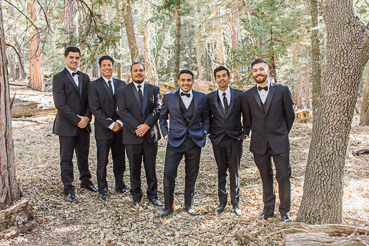 Groom Dark Blue Suit Black Satin Lapel Black Pants Black Bowtie Groomsmen Black Suits Black Bowties Ties DIY Whimsical Camp Wedding California http://www.landbphotography.org/