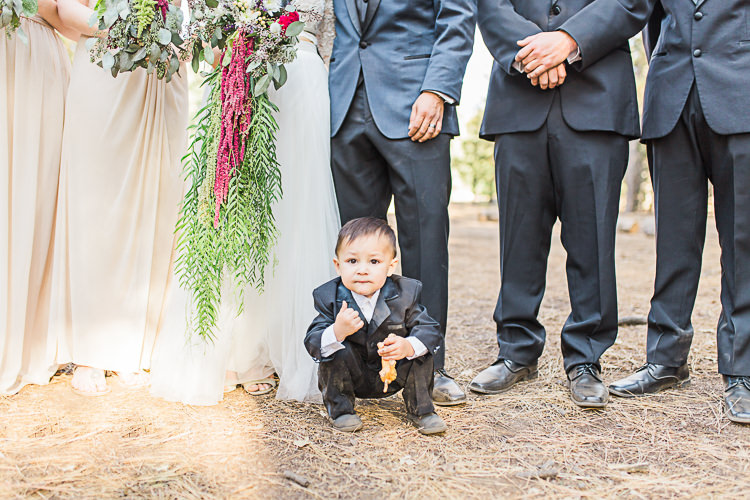Cute Pageboy Black Suit Bridal Party Bride Cascading Multicoloured Bouquet Groom Dark Blue Jacket Black Pants Bridesmaids Groomsmen DIY Whimsical Camp Wedding California http://www.landbphotography.org/