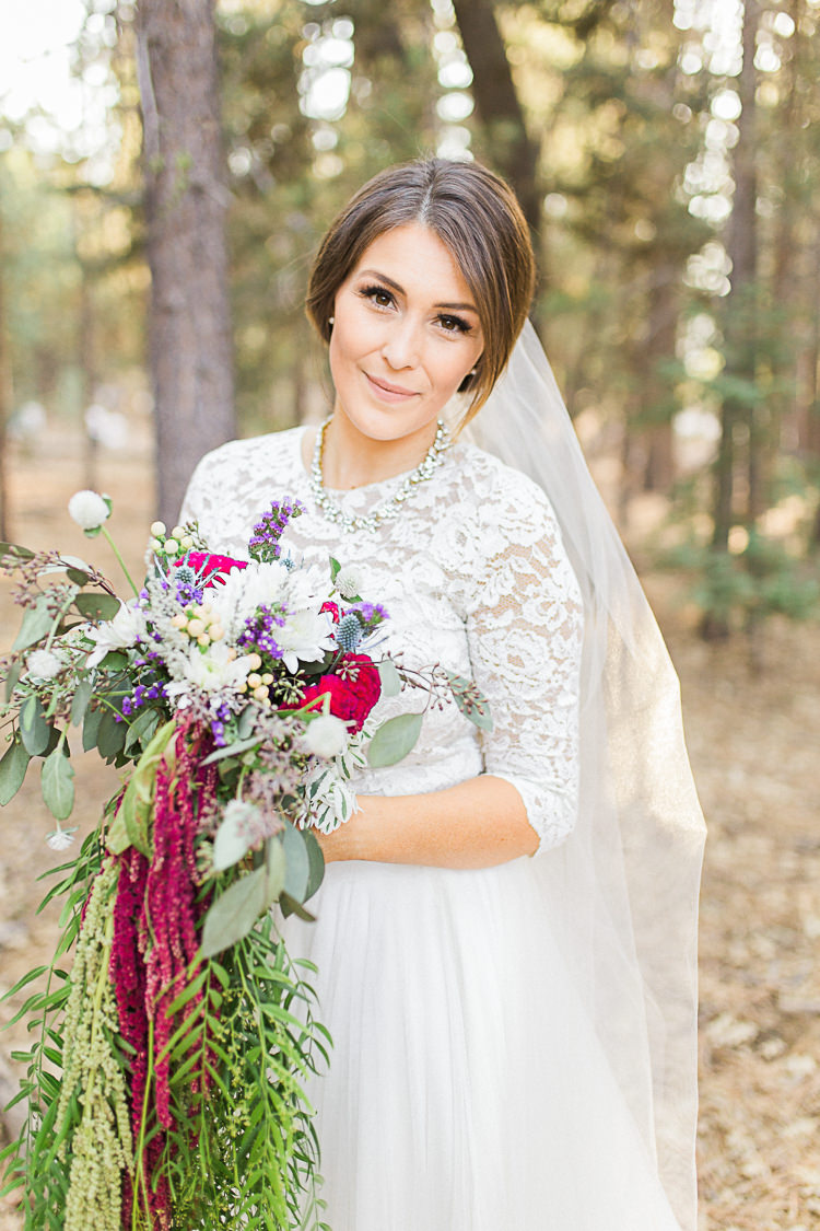 Bride Watters Separates Lace Top Tulle Skirt Veil Statement Necklace Cascading Multicoloured Bouquet DIY Whimsical Camp Wedding California http://www.landbphotography.org/