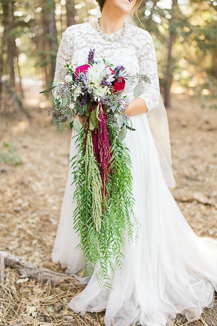 Bride Watters Separates Lace Top Tulle Skirt Veil Statement Necklace Cascading Multicoloured Bouquet DIY Whimsical Camp Wedding California http://www.landbphotography.org/