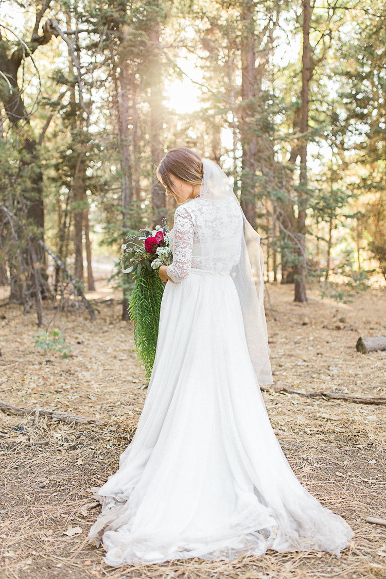 Bride Watters Separates Lace Top Tulle Skirt Veil Statement Necklace Cascading Multicoloured Bouquet DIY Whimsical Camp Wedding California http://www.landbphotography.org/