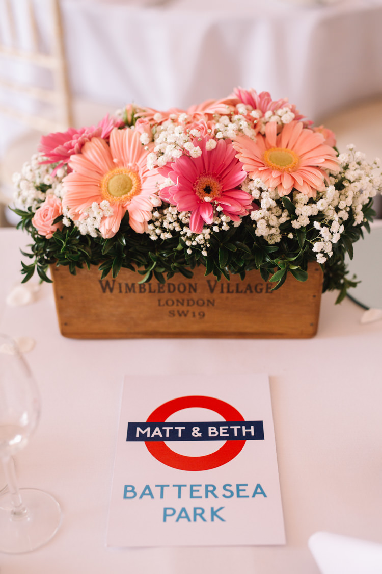 Crate Box Flowers Table Name Underground Tube Train Classic Summer Pastel Wedding http://www.catlaneweddings.com/