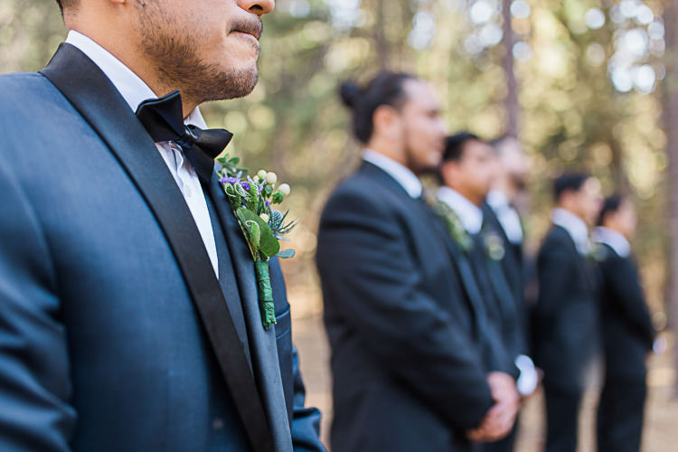 Outdoor Ceremony Groom Dark Blue Jacket Black Satin Lapel Black Bowtie Floral Buttonhole Groomsmen Black Suits Black Bowties Ties DIY Whimsical Camp Wedding California http://www.landbphotography.org/