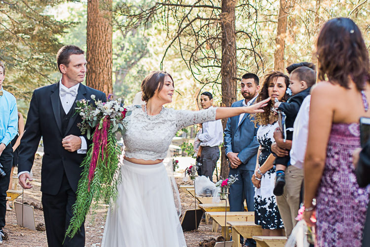 Outdoor Ceremony Bride Watters Separates Lace Top Tulle Skirt Veil Cascading Multicoloured Bouquet Father Son Pageboy Guests DIY Whimsical Camp Wedding California http://www.landbphotography.org/