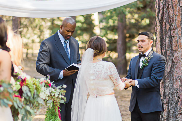 Outdoor Ceremony Bride Watters Separates Lace Top Tulle Skirt Veil Cascading Multicoloured Bouquet Father Groom Dark Blue Jacket Black Satin Lapel Black Pants Bowtie Celebrant DIY Whimsical Camp Wedding California http://www.landbphotography.org/