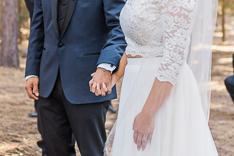Outdoor Ceremony Bride Watters Separates Lace Top Tulle Skirt Groom Dark Blue Jacket Black Satin Lapel Black Pants DIY Whimsical Camp Wedding California http://www.landbphotography.org/