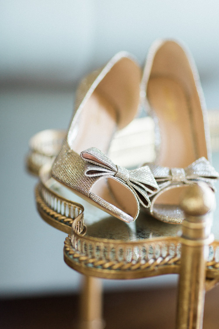 Peep Toe Bow Heels Shoes Bride Bridal Gold Sparkle Pink Glamour Wedding https://emilyhannah.com/