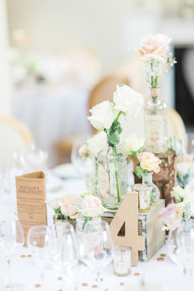 Centrepiece Decor Table Flowers Bottles Crates Wooden Number Gold Sparkle Pink Glamour Wedding https://emilyhannah.com/