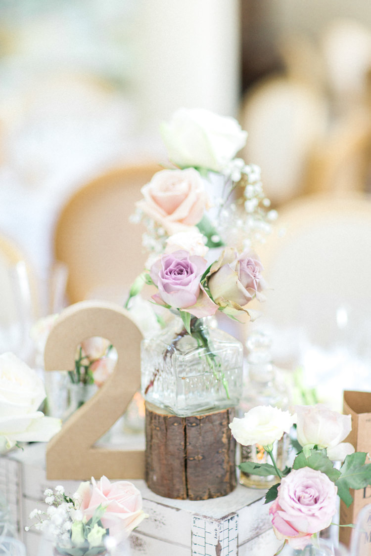 Wooden Crate Decor Centrepiece Table Flowers Bottles Roses Gold Sparkle Pink Glamour Wedding https://emilyhannah.com/