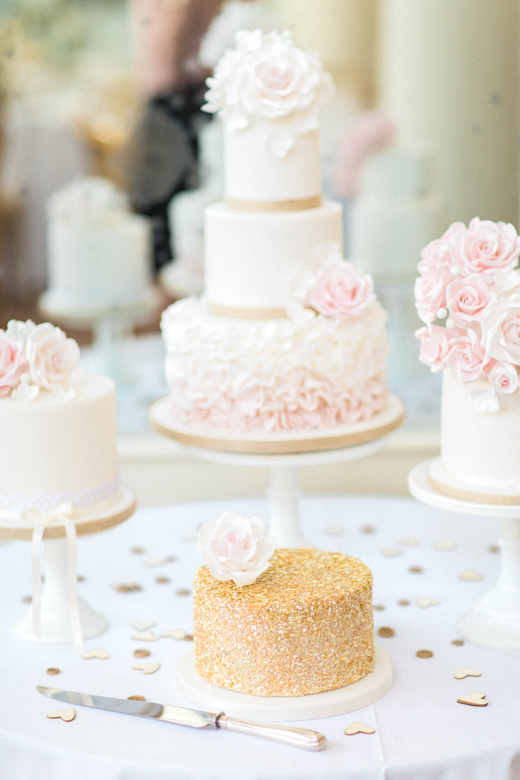 Cake Table Desserts Floral Ruffle Gold Sparkle Pink Glamour Wedding https://emilyhannah.com/