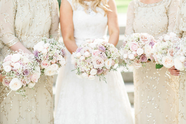 Bouquets Flowers Bride Bridal Bridesmaids Pastel Roses Gold Sparkle Pink Glamour Wedding https://emilyhannah.com/