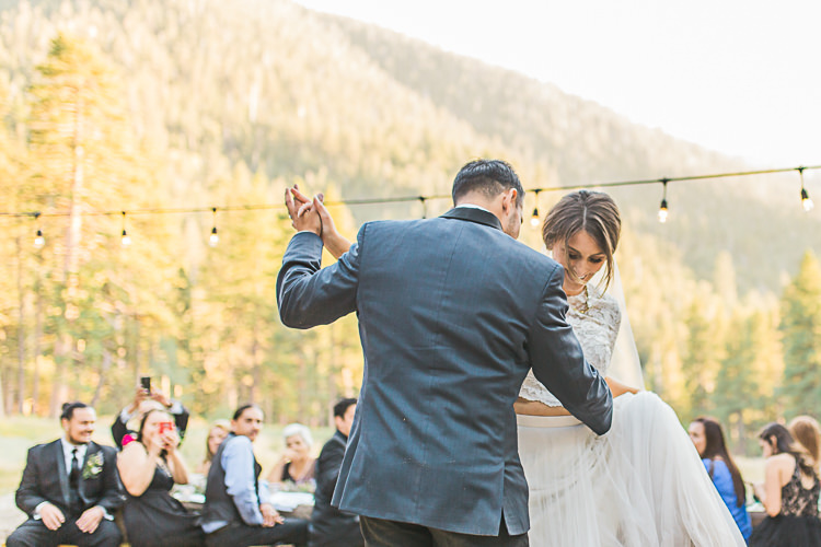 Outdoor Reception Bride Watters Separates Lace Top Tulle Skirt Veil Groom Dark Blue Jacket Black Pants Dancing Guests Hanging Fairy Lights DIY Whimsical Camp Wedding California http://www.landbphotography.org/