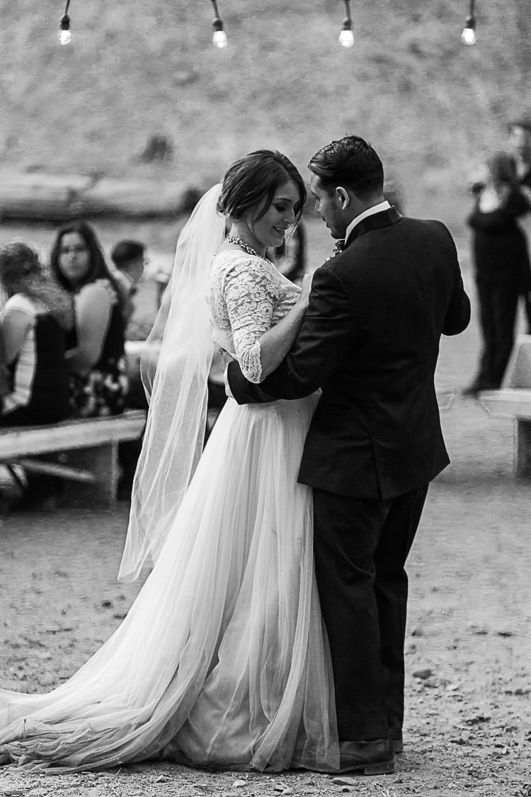 Outdoor Reception Bride Watters Separates Lace Top Tulle Skirt Veil Groom Dark Blue Jacket Black Pants Dancing Guests Hanging Fairy Lights DIY Whimsical Camp Wedding California http://www.landbphotography.org/