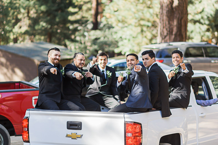 Groom Dark Blue Jacket Black Satin Lapel Black Pants Groomsmen Black Suits Black Bowties Black Ties White Truck DIY Whimsical Camp Wedding California http://www.landbphotography.org/