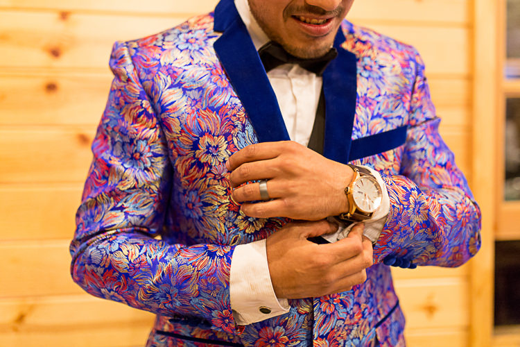 Reception Groom Bright Multicoloured Jacket Blue Lapel Bowtie DIY Whimsical Camp Wedding California http://www.landbphotography.org/