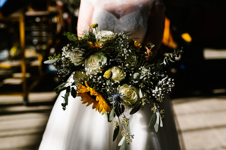 Bouquet Flowers Bride Bridal Sunflowers Thistle Rose Alternative Lego Aviation Wedding http://www.honeyandthemoonphotography.co.uk/