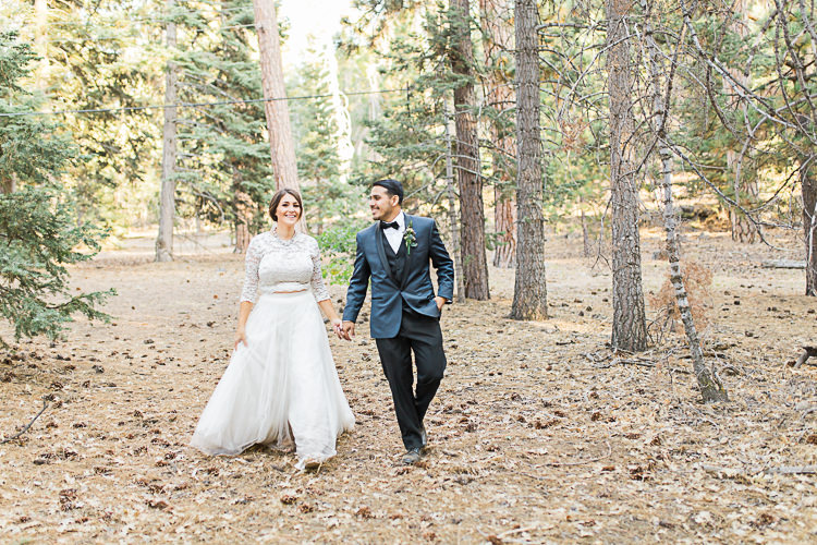 Bride Watters Separates Lace Top Tulle Skirt Veil Statement Necklace Groom Dark Blue Jacket Black Satin Lapel Black Pants Vest Bowtie Floral Buttonhole DIY Whimsical Camp Wedding California http://www.landbphotography.org/