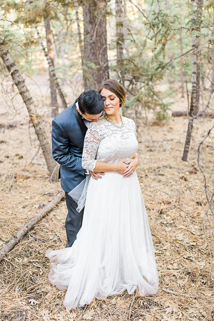 Bride Watters Separates Lace Top Tulle Skirt Veil Statement Necklace Groom Dark Blue Jacket Black Satin Lapel Black Pants Vest Bowtie Floral Buttonhole DIY Whimsical Camp Wedding California http://www.landbphotography.org/