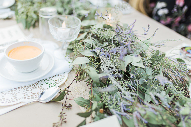 Reception Table Setting Greenery Lavender Tea Cup Tealight Candles Glass Vases DIY Whimsical Camp Wedding California http://www.landbphotography.org/