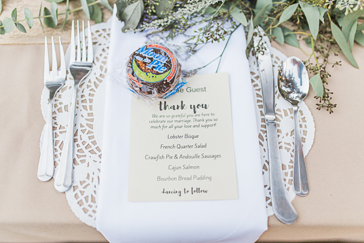 Reception Table Setting Stationery Menu Whoopie Pie Treat Greenery Silver Cutlery DIY Whimsical Camp Wedding California http://www.landbphotography.org/