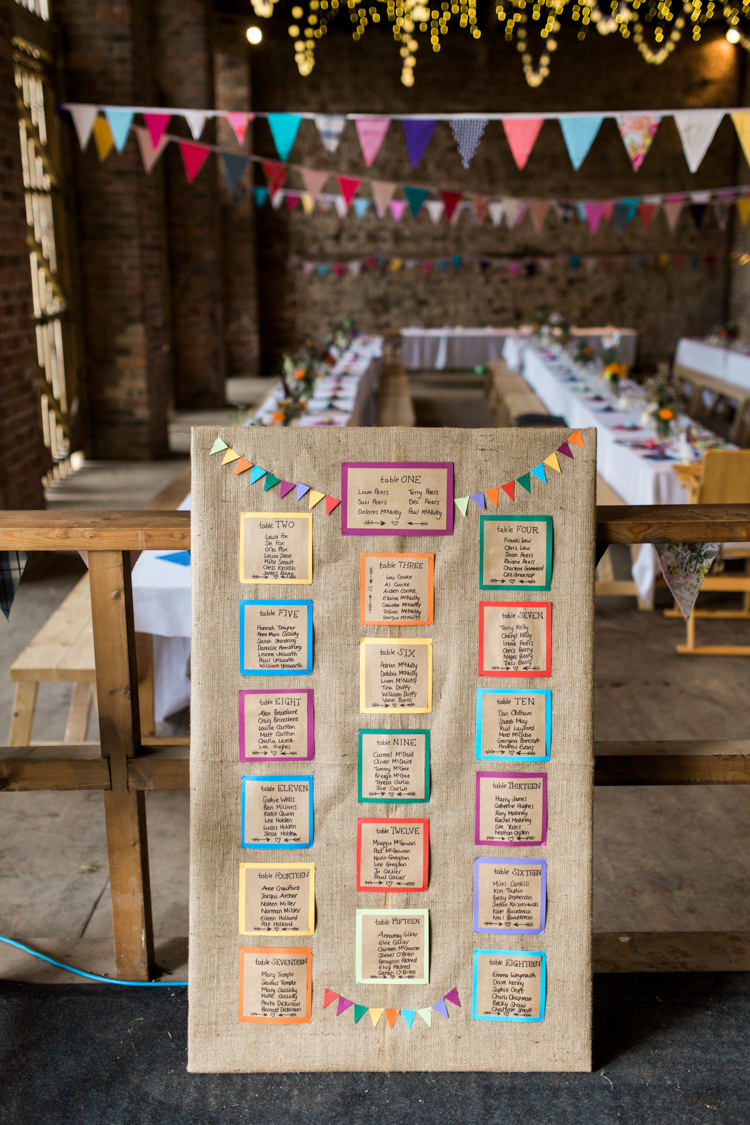 Seating Plan Table Chart Colourful Bunting Hessian Burlap Beautiful Woodland Glade Wedding https://emilyhannah.com/
