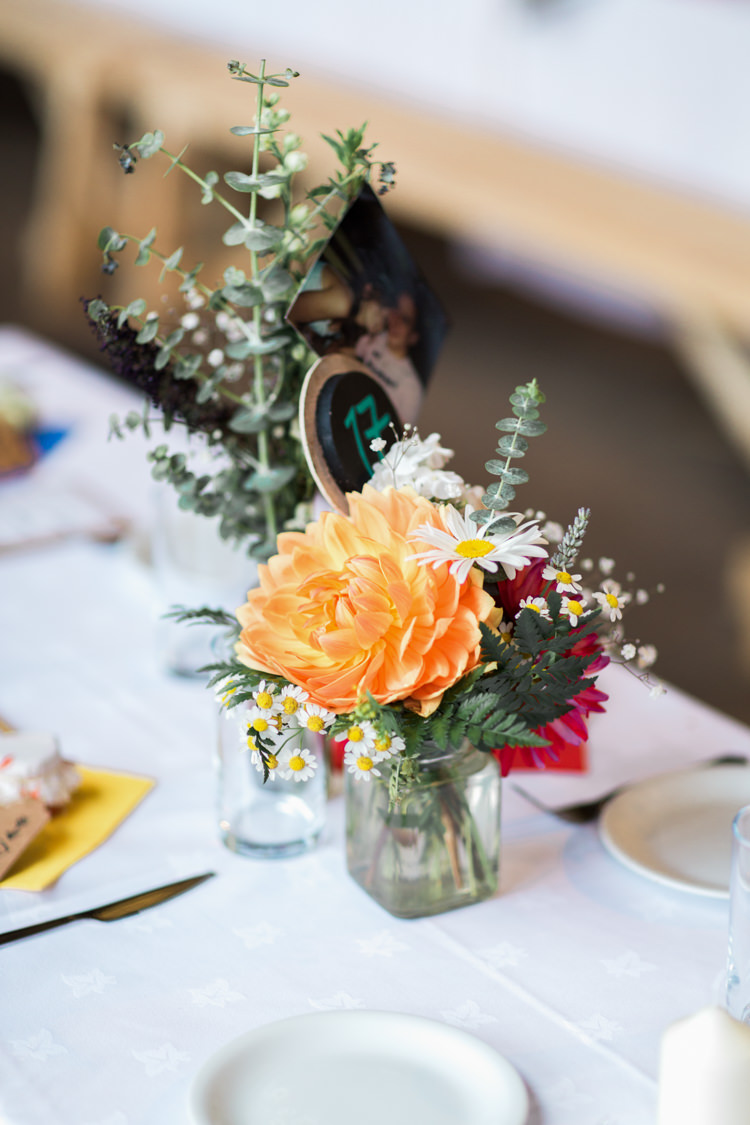 Jar Flowers Decor Centrepiece Dahlia Daisy Beautiful Woodland Glade Wedding https://emilyhannah.com/