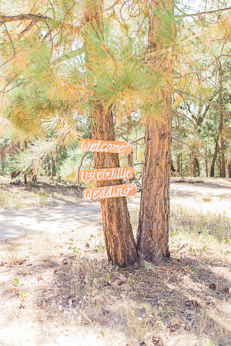 Outdoor Ceremony Wooden Handwritten Welcome Sign Trees DIY Whimsical Camp Wedding California http://www.landbphotography.org/