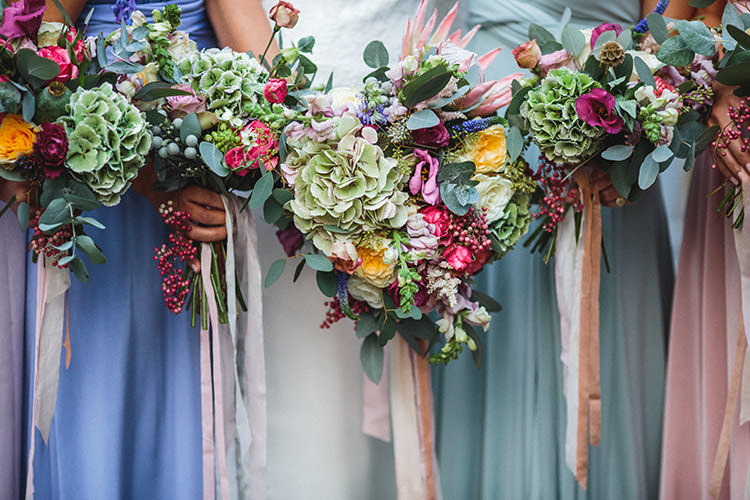 Bouquets Flowers Bride Bridesmaids Pastel Ribbon Protea Hydrangea Enchanted Fairy Garden Wedding http://lunaweddings.co.uk/