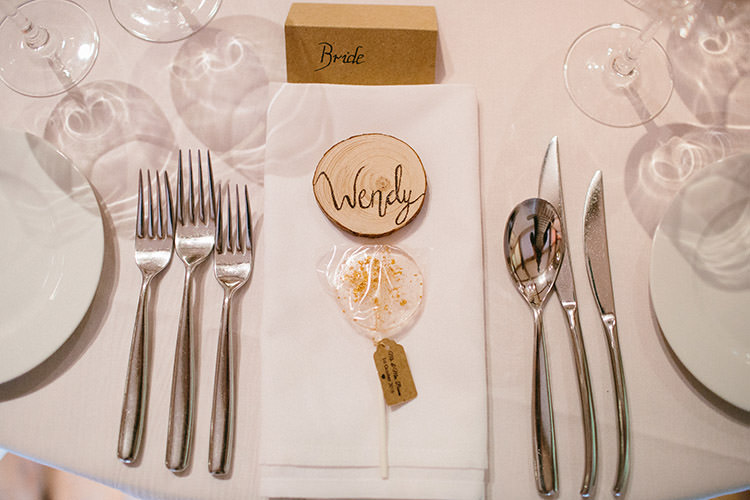 Log Slice Place Name Lollypop Favours Enchanted Fairy Garden Wedding http://lunaweddings.co.uk/
