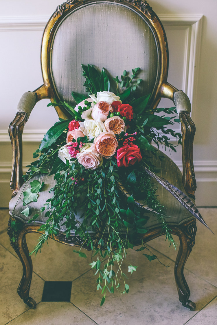 Pink Red Rose Bouquet Greenery Foliage Large Feathers Cascading Rustic Woodland Birds Outdoorsy Wedding http://www.emmaboileau.co.uk/