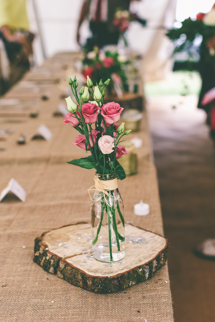 Flowers Bottle Twine Log Hessian Burlap Decor Rustic Woodland Birds Outdoorsy Wedding http://www.emmaboileau.co.uk/