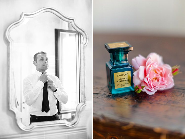 Groom White Shirt Tie Tom Ford Cologne Pink Flower Beautiful Pink Blue Tuscany Villa Wedding http://www.chloemurdochphotography.com/