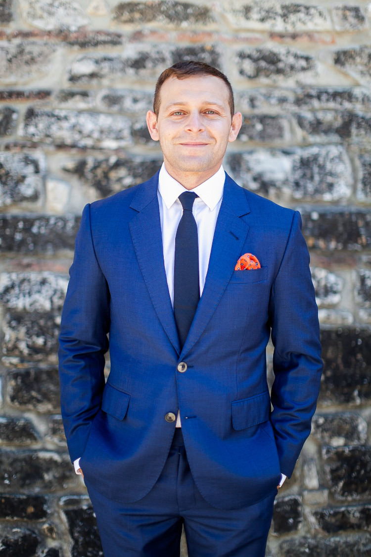 Groom Royal Blue Suit White Shirt Dark Blue Tie Orange Patterned Pocketsquare Beautiful Pink Blue Tuscany Villa Wedding http://www.chloemurdochphotography.com/